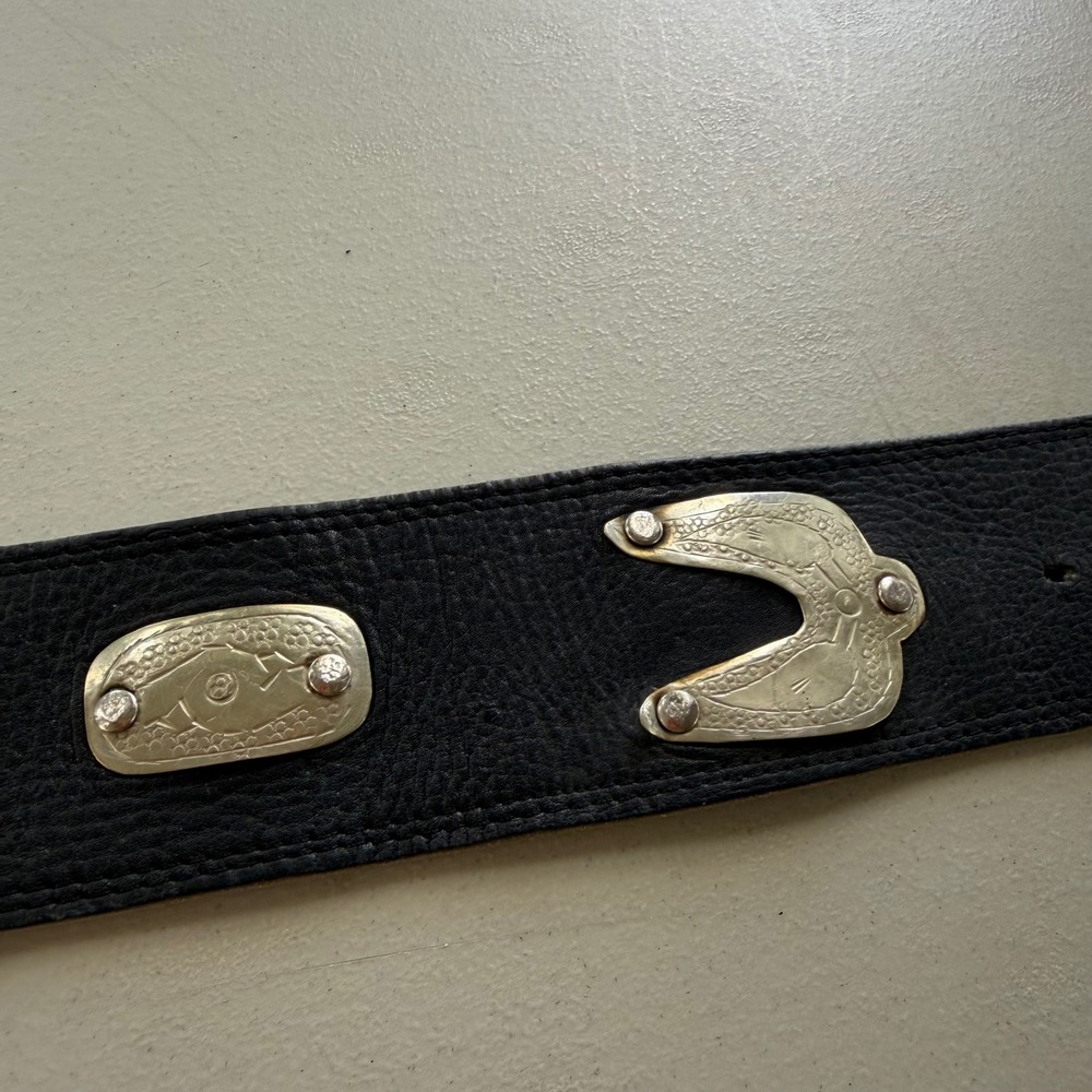 Vintage 1980s Black Genuine Leather Moroccan Concho Waist Belt Wide Silver Tone - Picture 13 of 15